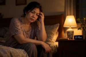 Mất ngủ do căng thẳng: người phụ nữ trung niên thức giấc lúc 1 giờ 45 sáng, mệt mỏi ngồi bên giường
