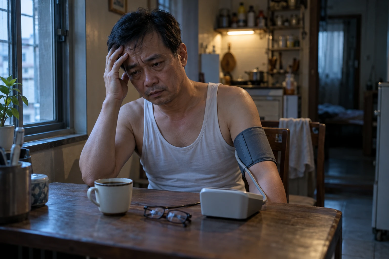 Người đàn ông trung niên mệt mỏi đo huyết áp buổi sáng sau đêm mất ngủ vì căng thẳng